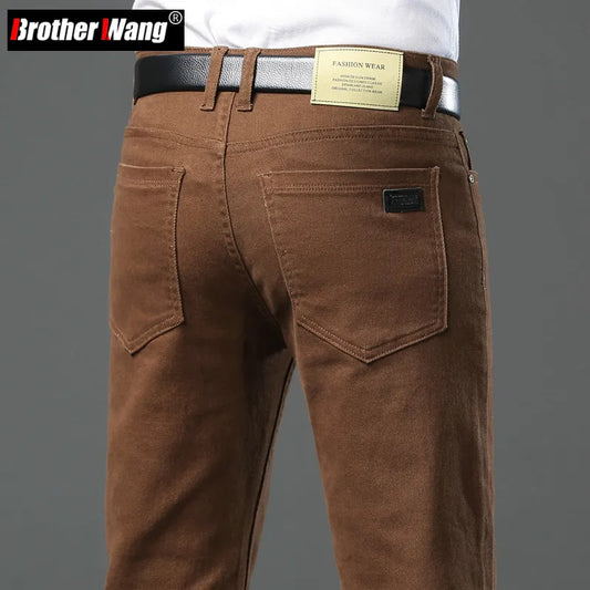Classic Style 3 Colors Autumn Men's Slim Brown Jeans High Quality Business Casual High Stretch Denim