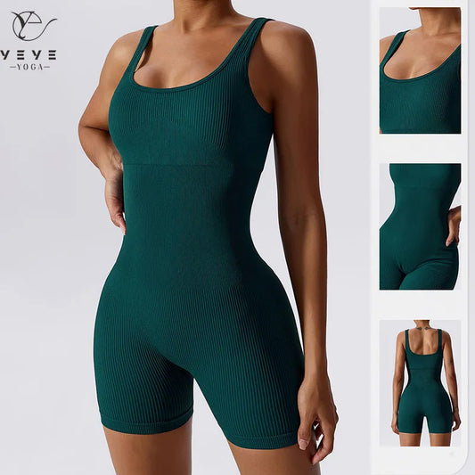 Women's Yoga Rompers One Piece Tummy Control Seamless Ribbed Jumpsuit Padded Sports Bra Romper Fashion Fitness Sportwear