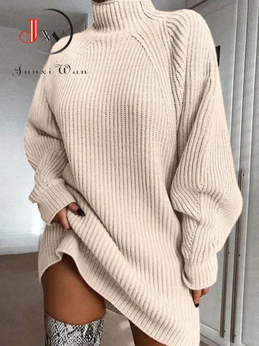 Women Turtleneck Oversized Knitted Dress  Solid Long Sleeve Casual Elegant Mini Sweater Dress
