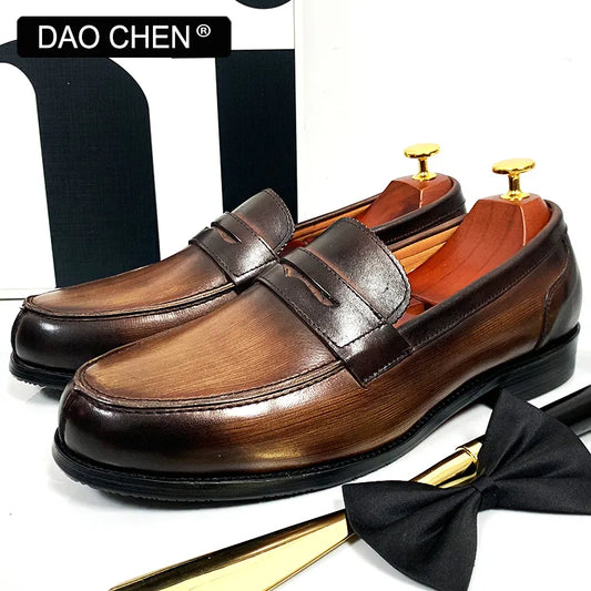 DAOCHEN LUXURY MEN'S SHOES BLACK COFFEE PENNY LOAFERS CASUAL OFFICE GENUINE LEATHER SHOES FOR MEN
