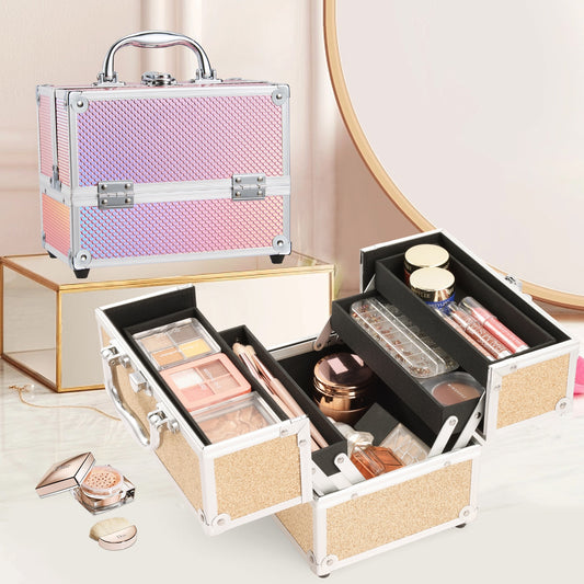 Makeup Box Lock Cosmetic Case with 4 Trays - todayshealthandwellnessshop