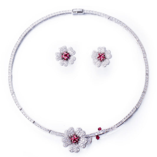Big Red Flower Wedding Bridal Choker Necklace and Earrings Party
