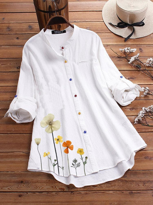Women's Button Down Round Neck Shirt Classic Long Sleeved