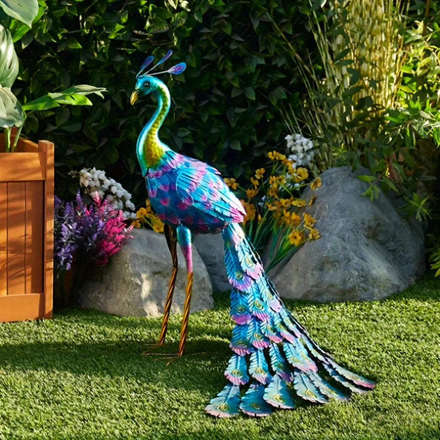 Peacock Statues Standing Posture Peacock Figurine Decorative Stable Base Animal Ornament Weather-Resistant Rust-Proof