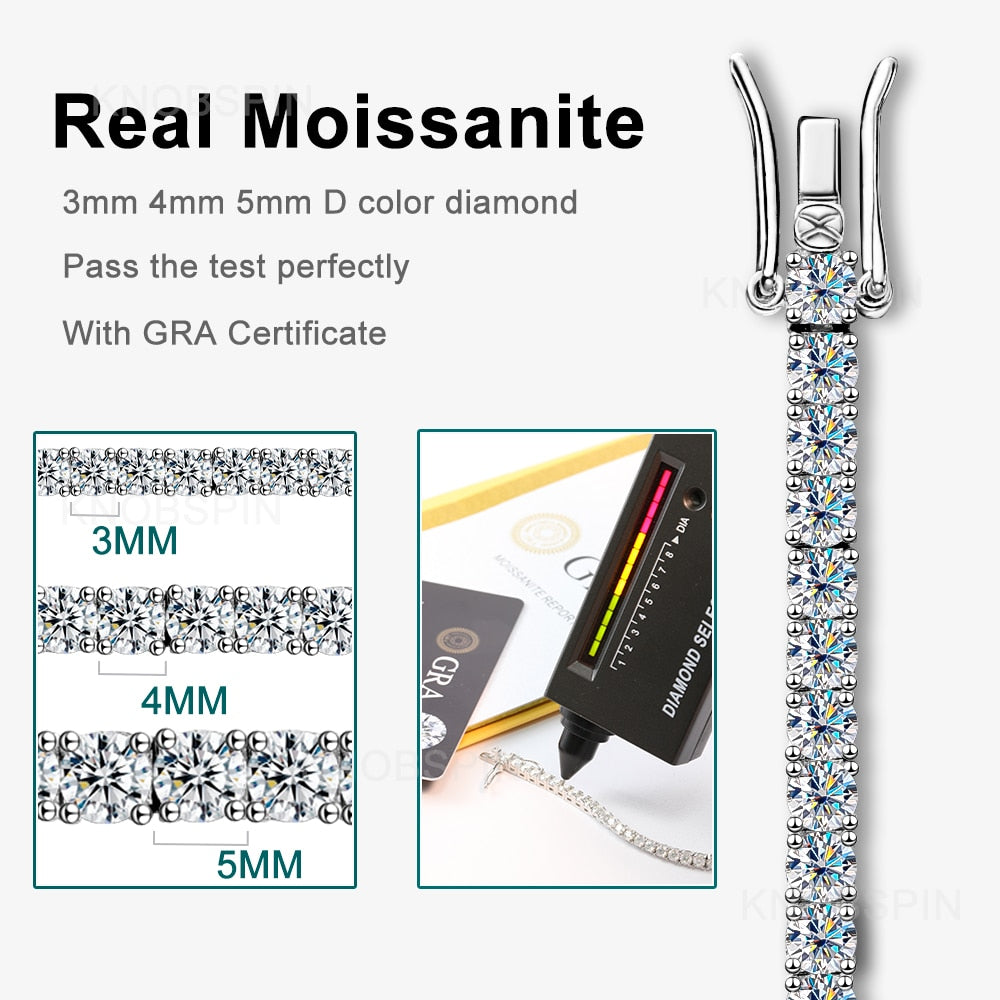 Knobspin 3mm 4mm Moissanite Tennis Bracelet Full Diamond GRA 925 Silver Plated 18k