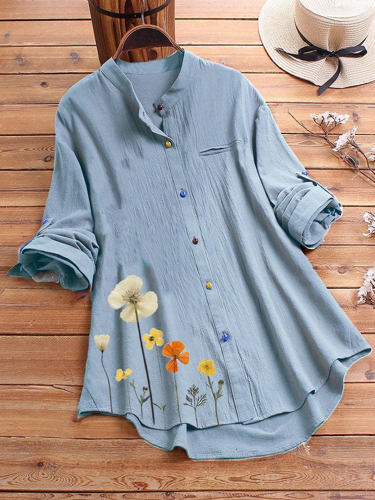 Women's Button Down Round Neck Shirt Classic Long Sleeved