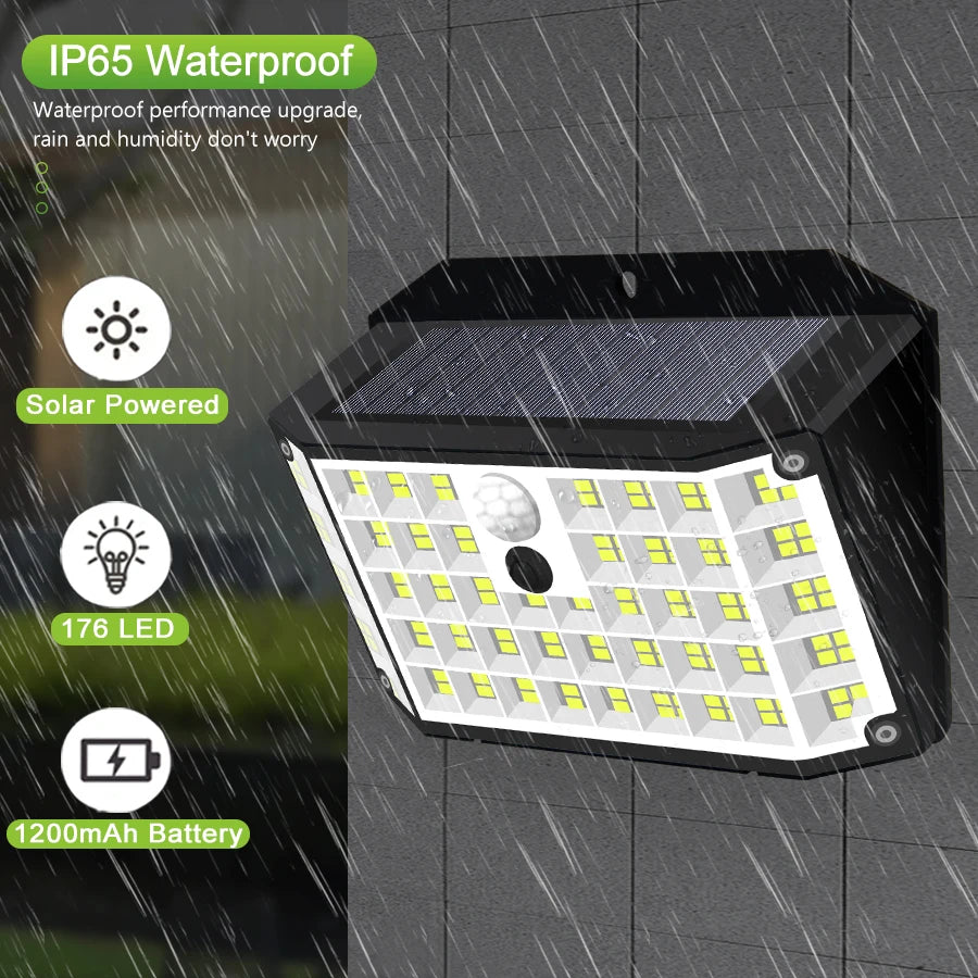 Solar Outdoor Lights 176 LED Solar Powered Motion Sensor Flood Lights IP65 Waterproof 3 Modes Wall Lamp For Outside