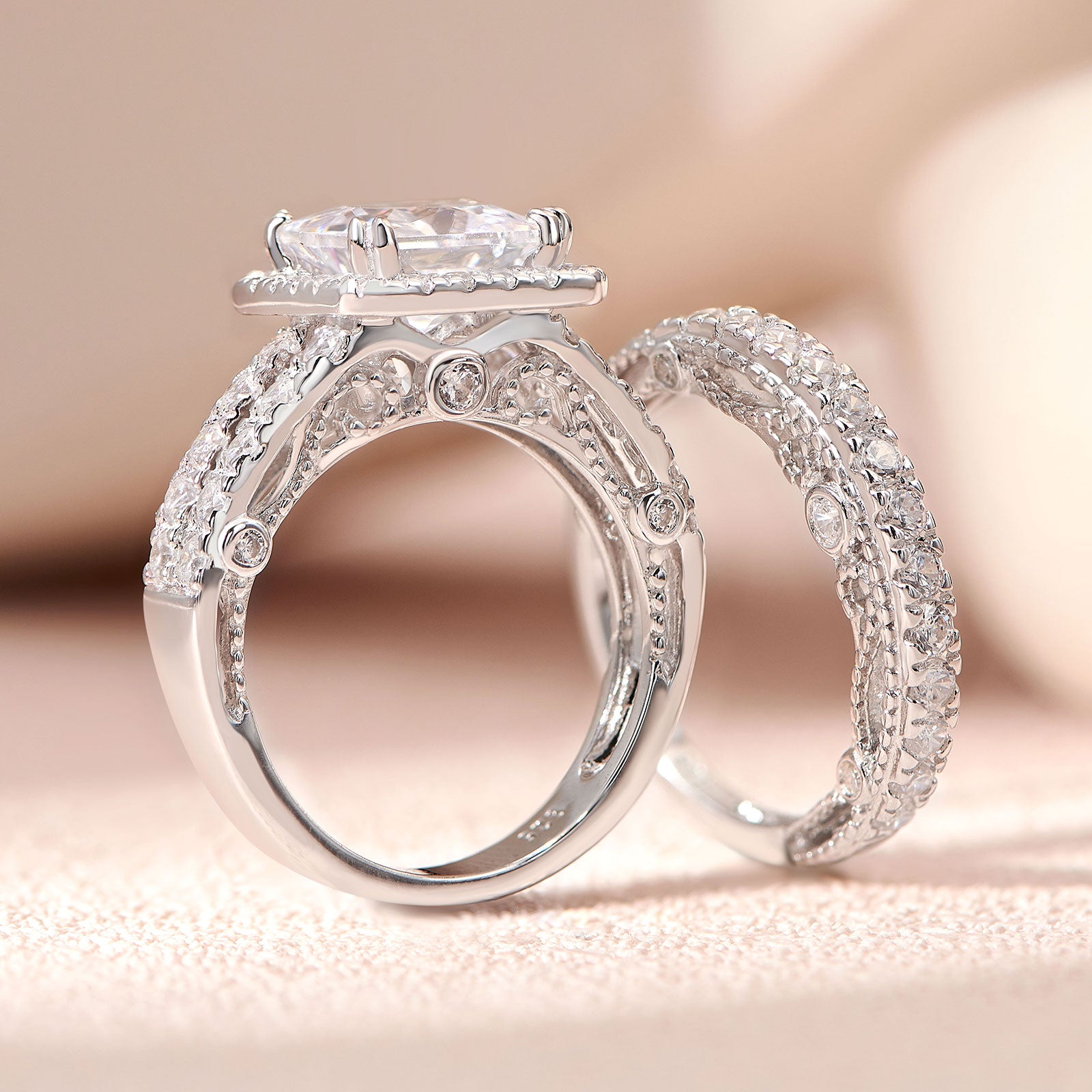 2 Pcs Vintage Wedding Rings Set Solid 925 Sterling Silver 4Ct Princess Cut - todayshealthandwellnessshop