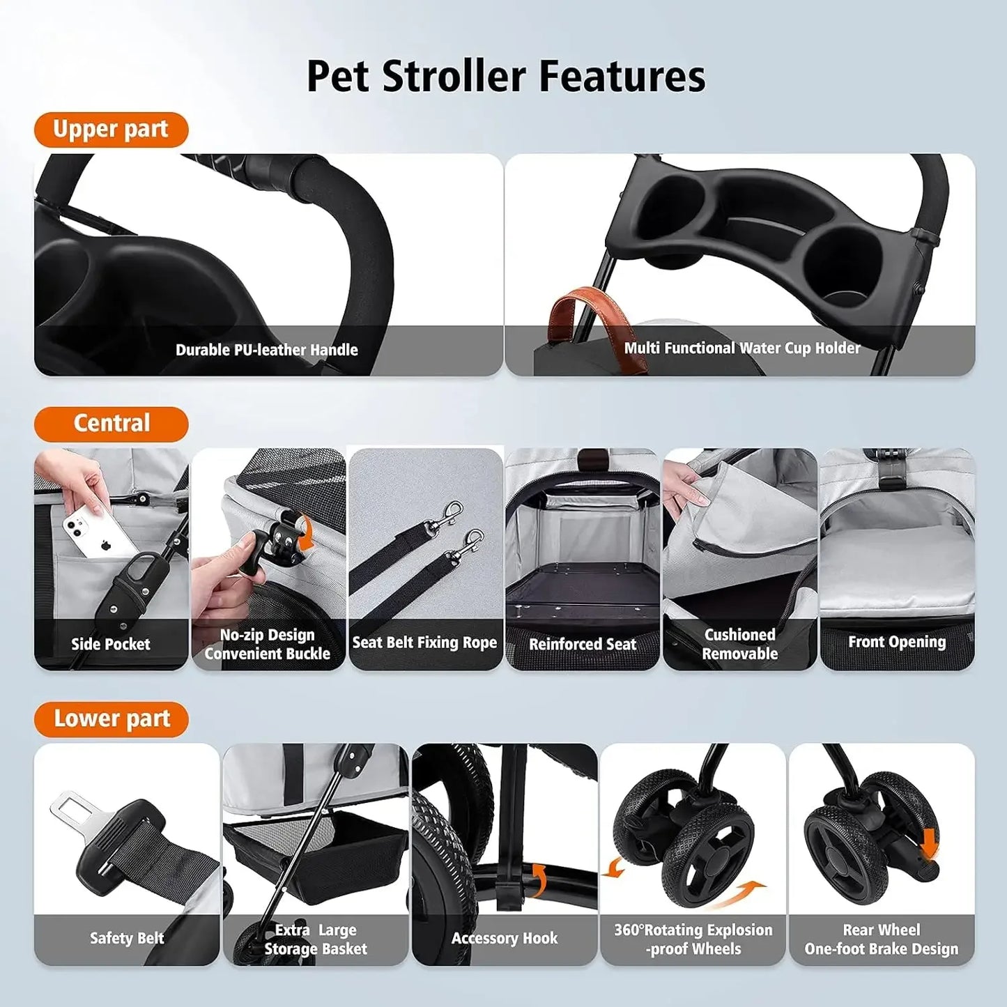 Dog Cat Pet Gear 3-in-1 Foldable Pet Stroller Detachable Carrier, Car Seat and Stroller with Push Button Entry for Small Pets