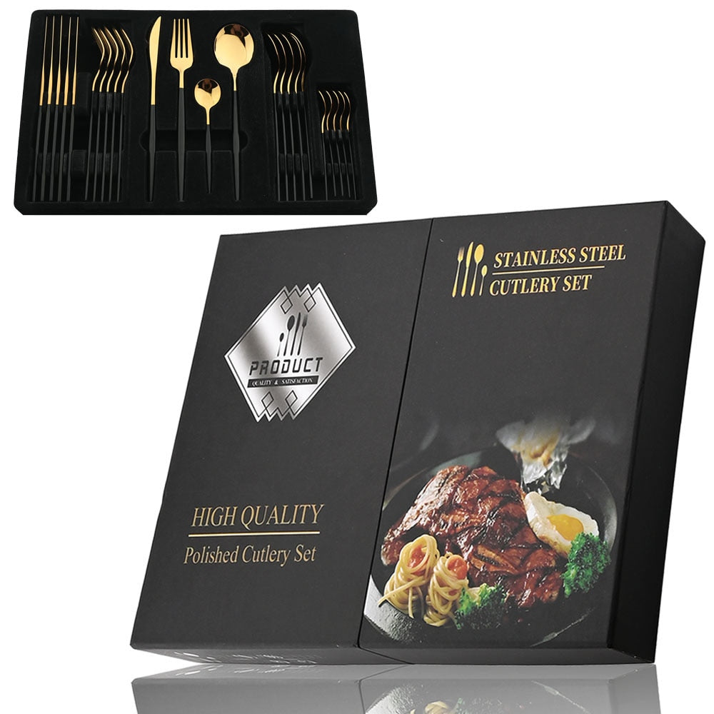 24Pcs Black Handle Golden Cutlery Set Stainless Steel - todayshealthandwellnessshop