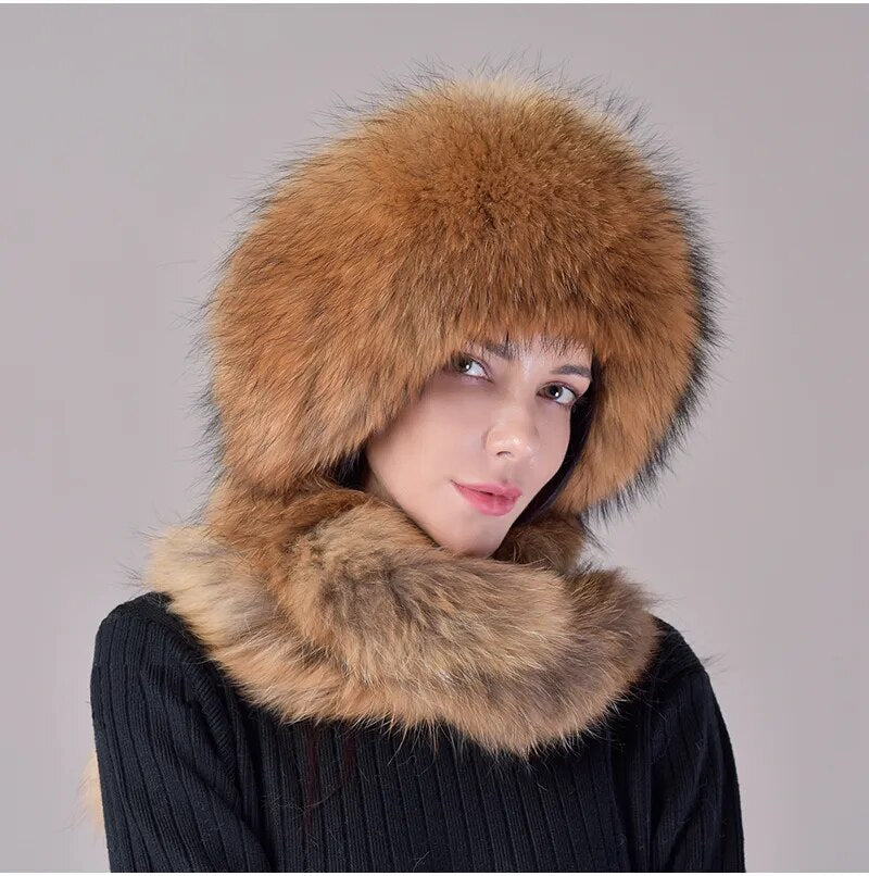 Women's Real Fox Fur Hat Scarf Mongolian Bomber Hat Fox Fur Earflap Caps Russia Winter Real Fur Hat