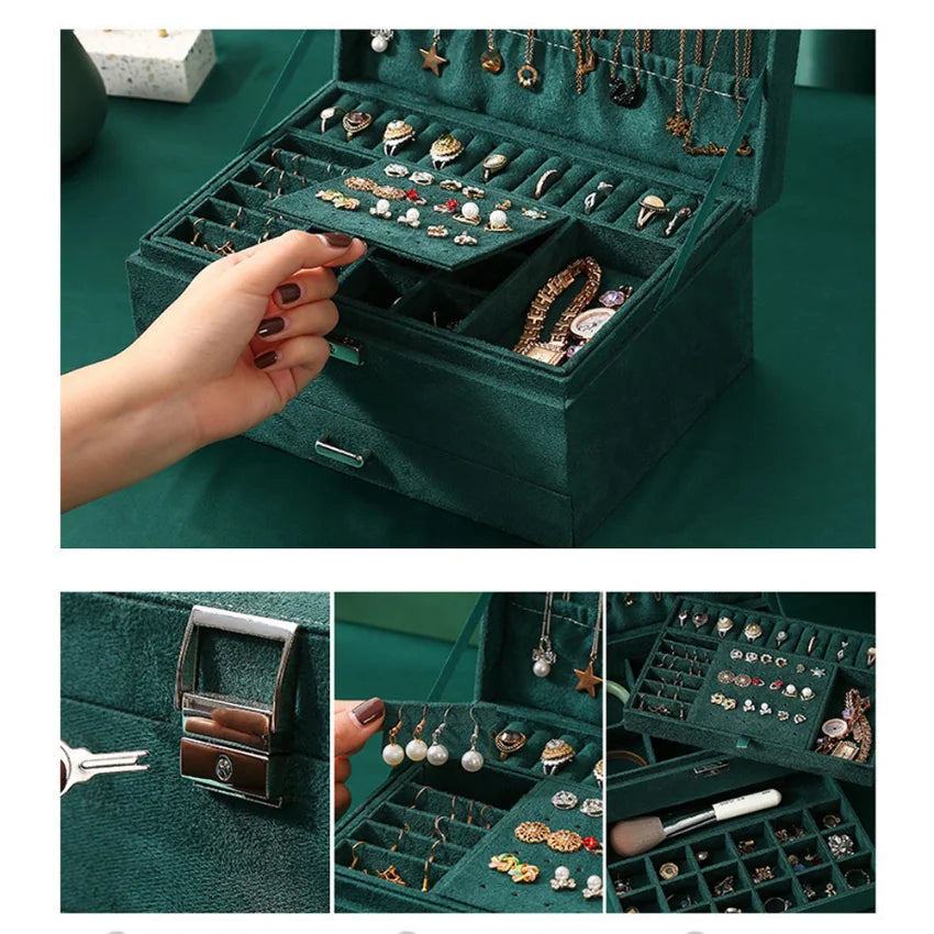 Green Velvet Jewelry Organizer Large Capacity Ring, Necklace, earrings, large Jewelry Box  for Women with Lock