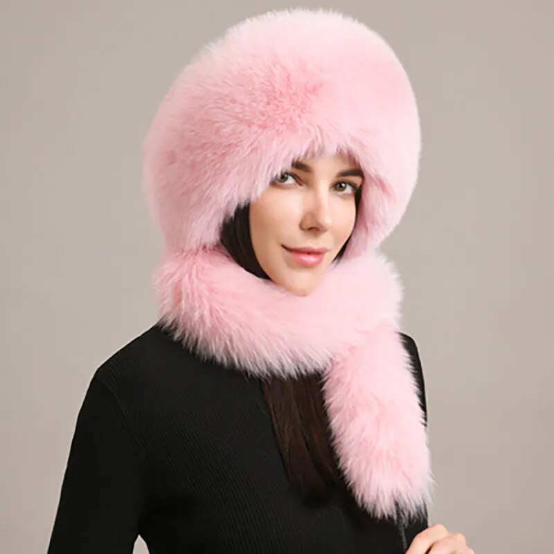 Women's Real Fox Fur Hat Scarf Mongolian Bomber Hat Fox Fur Earflap Caps Russia Winter Real Fur Hat