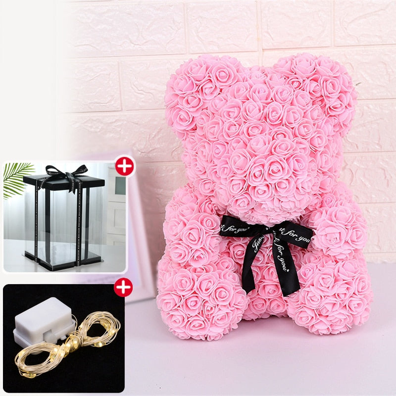 Rose Bear Artificial Flower With Box and Light Rose