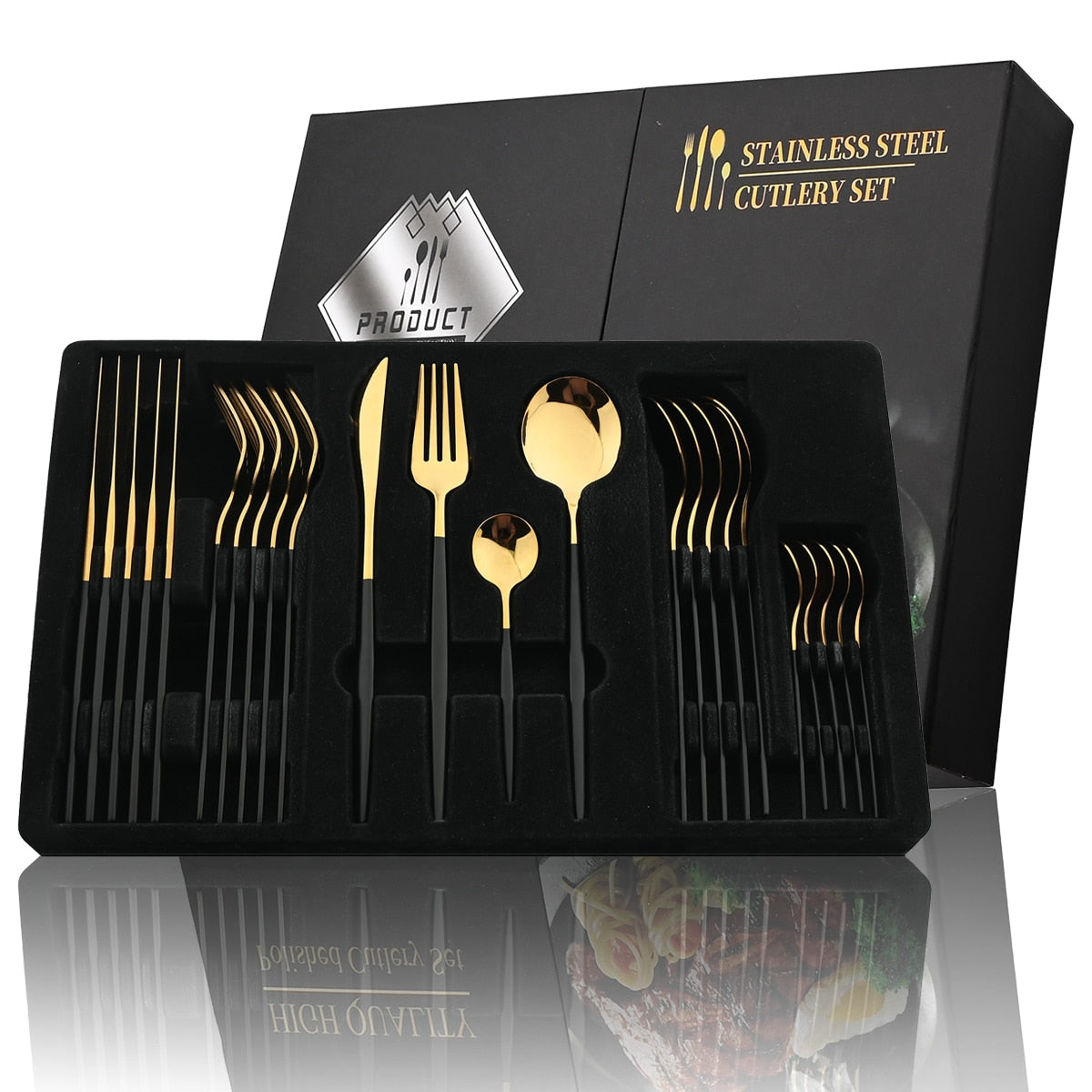 24Pcs Black Handle Golden Cutlery Set Stainless Steel - todayshealthandwellnessshop